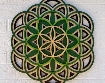 生命の花、曼荼羅、木製ウォールアート、神聖幾何学 23.5 インチ