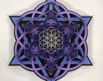 Sacred Cube Mandala 11.5&quot; - Metatron&#39;s Cube, Sacred Geometry, Flower of Life, Seed of Life, Merkaba
