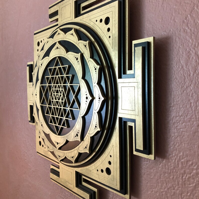 Divine Sri Yantra Wall Art 17.5" - Painted Gold and Black - Sri Chakra ...