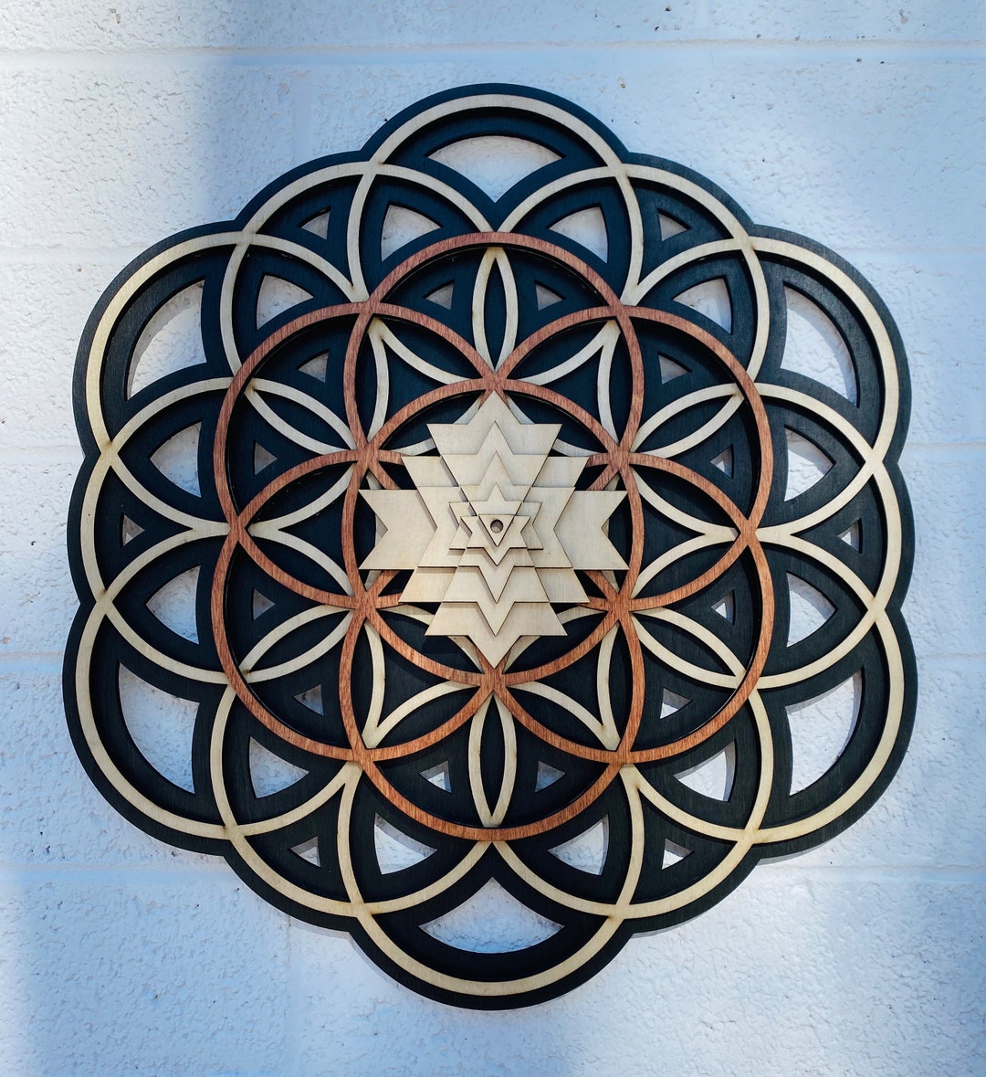 Layered Wood Flower of Life Sri Yantra Wall Art: Sacred Geometry Decor ...