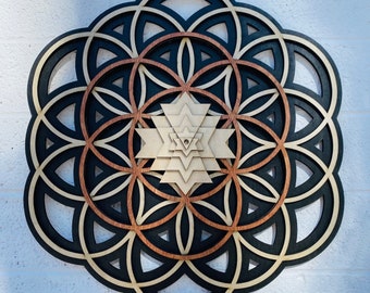 18" Flower Of Life, Seed Of Life and 3D Sri Yantra Layered Wall Art, Black base - Sacred Geometry