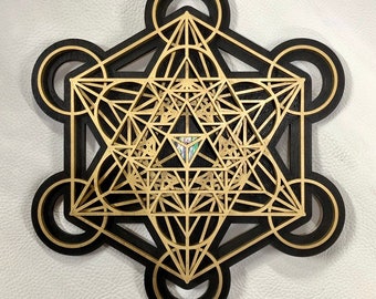 Ancient Future Mandala Wall Art 12&quot; - Metatron&#39;s Cube, Gold and Black with Abalone Inlay - Sacred Geometry
