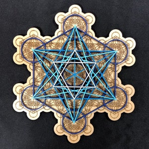 Fractal Metatron&#39;s Cube 12&quot; or 17.5&quot; - Blue Fade and Silver - Sacred Geometry