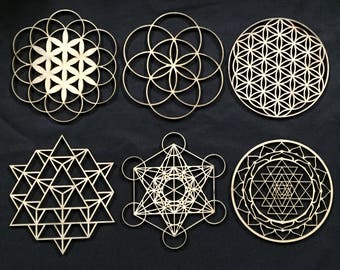 Sacred Geometry Set - 6 Pieces, Laser Cut, use for Crystal Grids, Stencils, Wall Art