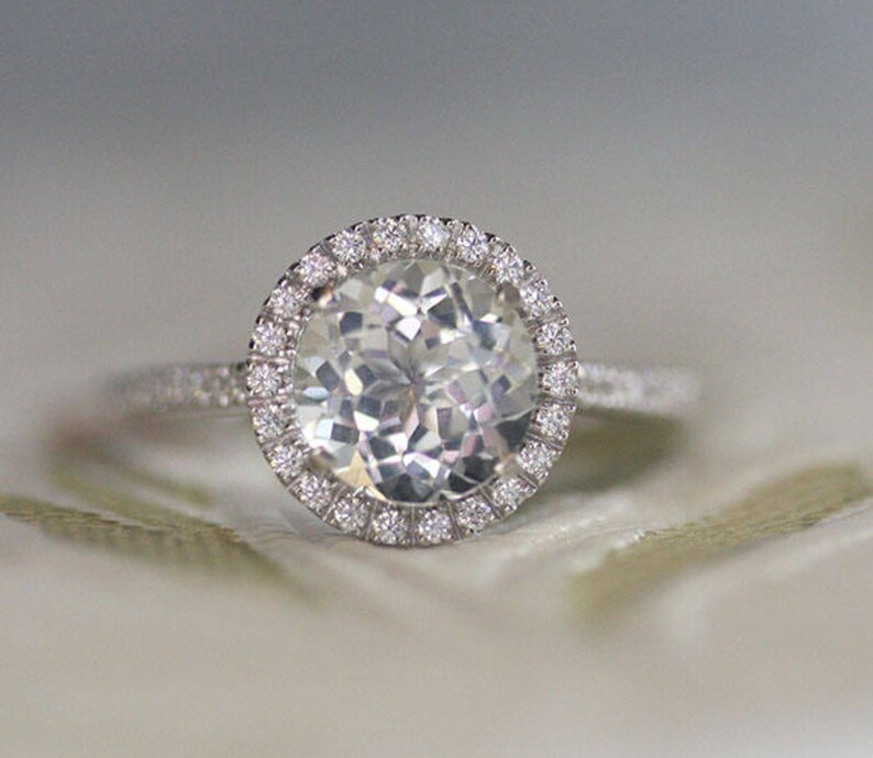 Wedding Ring 8mm Round Natural White Topaz Engagement Ring Diamond Simulant Engagement Ring Bridal Ring Sterling Silver Ring Halo Ring