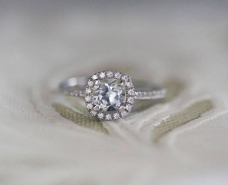 Sterling Silver Ring White Topaz Cushion 6mm Engagement Ring and Diamond Simulant Wedding Band Set Wedding Ring Bridal Ring Set