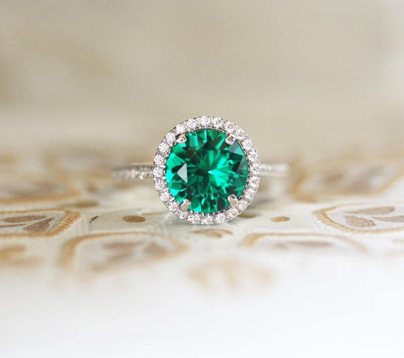 Lab Emerald Round 8mm Engagement Ring Sterling Silver Green Gem Ring Wedding Ring Diamond Simulant Halo Engagement Ring Bridal Ring