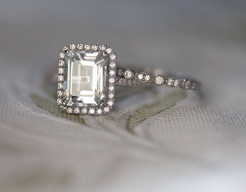 Sterling Silver Diamond Simulant and White Topaz Bridal Ring Set Wedding Ring Set Lab Emerald Cut 10x8mm Engagement Ring and Wedding Band