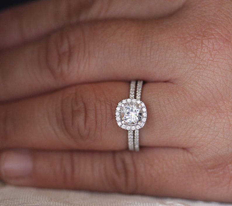 Sterling Silver Ring White Topaz Cushion 6mm Engagement Ring and Diamond Simulant Wedding Band Set Wedding Ring Bridal Ring Set