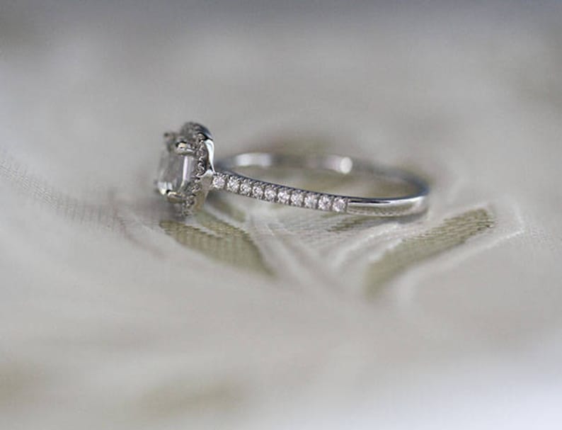 Sterling Silver Ring White Topaz Cushion 6mm Engagement Ring and Diamond Simulant Wedding Band Set Wedding Ring Bridal Ring Set