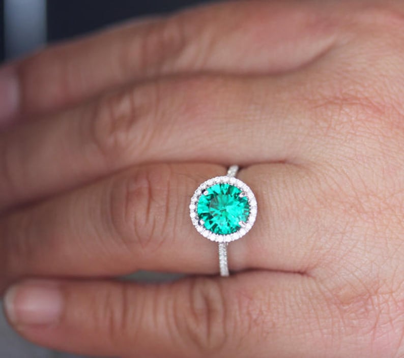 Lab Emerald Round 8mm Engagement Ring Sterling Silver Green Gem Ring Wedding Ring Diamond Simulant Halo Engagement Ring Bridal Ring