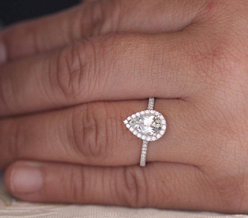Bridal Ring Diamond Simulant Engagement Ring Wedding Ring Sterling Silver Ring Pear 9x6mm Natural White Topaz Engagement Ring Halo
