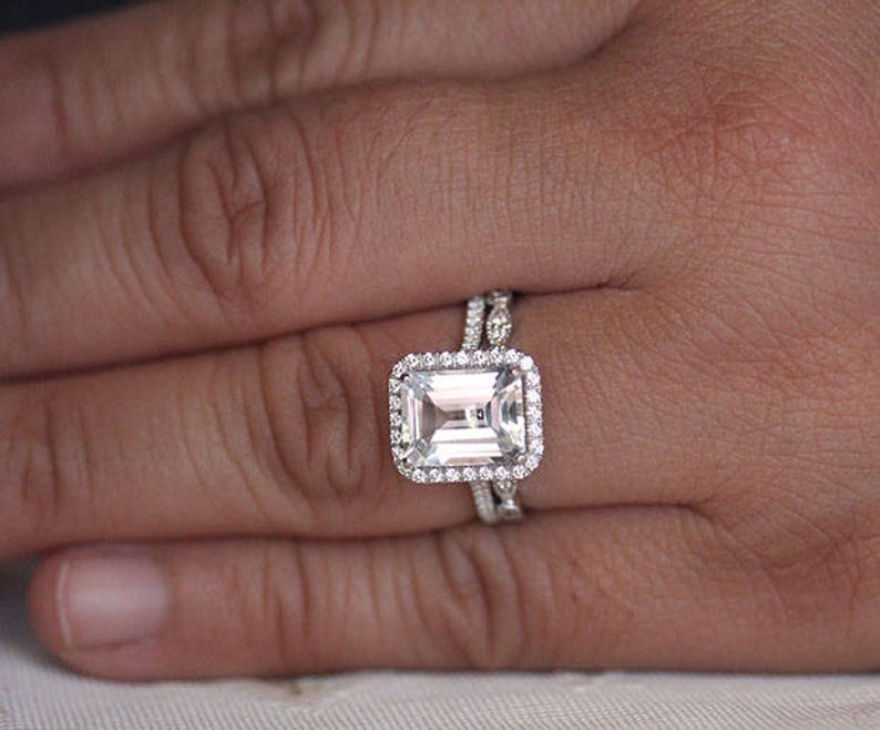 Sterling Silver Diamond Simulant and White Topaz Bridal Ring Set Wedding Ring Set Lab Emerald Cut 10x8mm Engagement Ring and Wedding Band