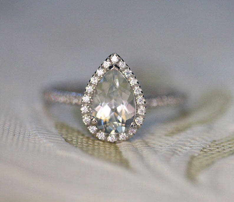 Bridal Ring Diamond Simulant Engagement Ring Wedding Ring Sterling Silver Ring Pear 9x6mm Natural White Topaz Engagement Ring Halo