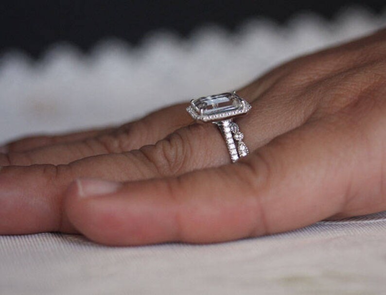 Sterling Silver Diamond Simulant and White Topaz Bridal Ring Set Wedding Ring Set Lab Emerald Cut 10x8mm Engagement Ring and Wedding Band