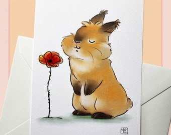 Rabbit and poppy postcard, pen pal, scrapbook, stationery, animals, flowers