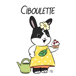 Puede incluir: Ilustraci&oacute;n de dibujos animados de un conejito blanco y negro con un vestido amarillo con lunares blancos y una flor en el pelo. El conejito sostiene una magdalena con cerezas rojas y una regadera verde est&aacute; a la izquierda. La palabra "Ciboulette" est&aacute; encima del conejito.