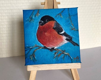 Peinture sur toile oiseau, cadeau, décoration, bouvreuil, animal