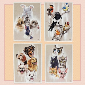Set mit 4 Tierpostkarten, Hunde, Katzen, Kaninchen, Vögel, Korrespondenz, Postcrossing, Briefpapier