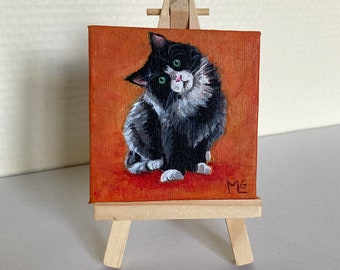 Black and white cat painting on canvas, gift idea or decoration