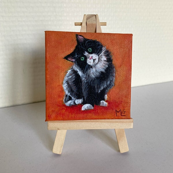 Chat noir et blanc peinture sur toile, idée cadeau ou décoration