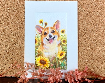 Peinture originale Corgi et tournesols, cadeau, décoration, chien, animal de compagnie, été