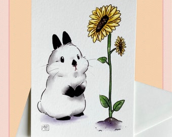 Rabbit and sunflower postcard, corresponding, scrapbook, stationery, animals, flowers