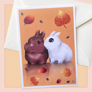 Carte postale bisou de lapins, correspondant, scrapbook, papeterie, couple, amour, automne