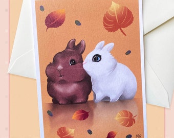 Rabbit kiss postcard, corresponding, scrapbook, stationery, couple, love, autumn