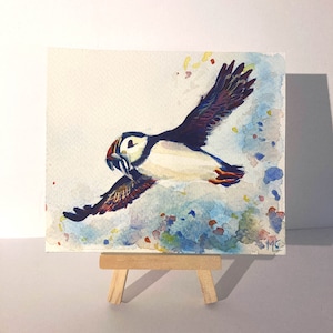 Pintura original de frailecillos, regalo, decoración, ave marina.