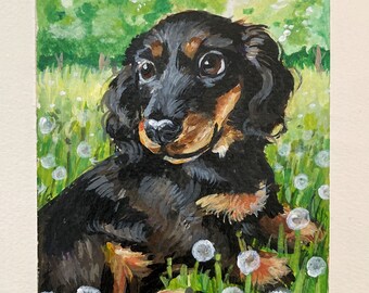Original painting Dachshund and dandelions, gift, decoration, dog, pet