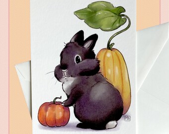 Rabbit and squash postcard, corresponding, scrapbook, stationery, animals, autumn, halloween