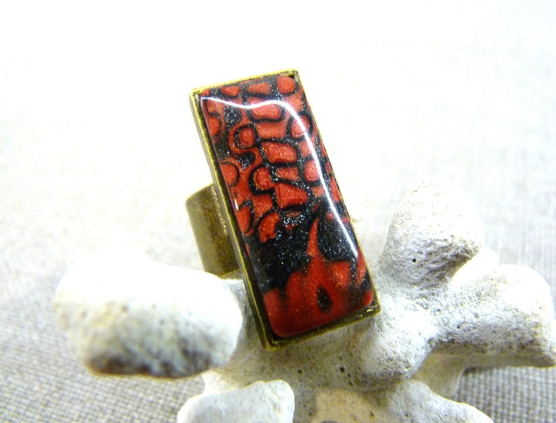 rectangle mokume gane dark metallic red Ring abstract pattern polymer