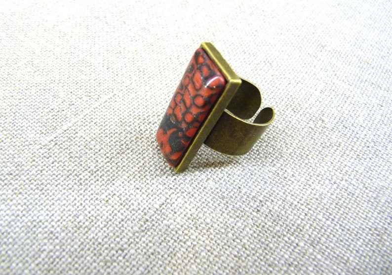 rectangle mokume gane dark metallic red Ring abstract pattern polymer