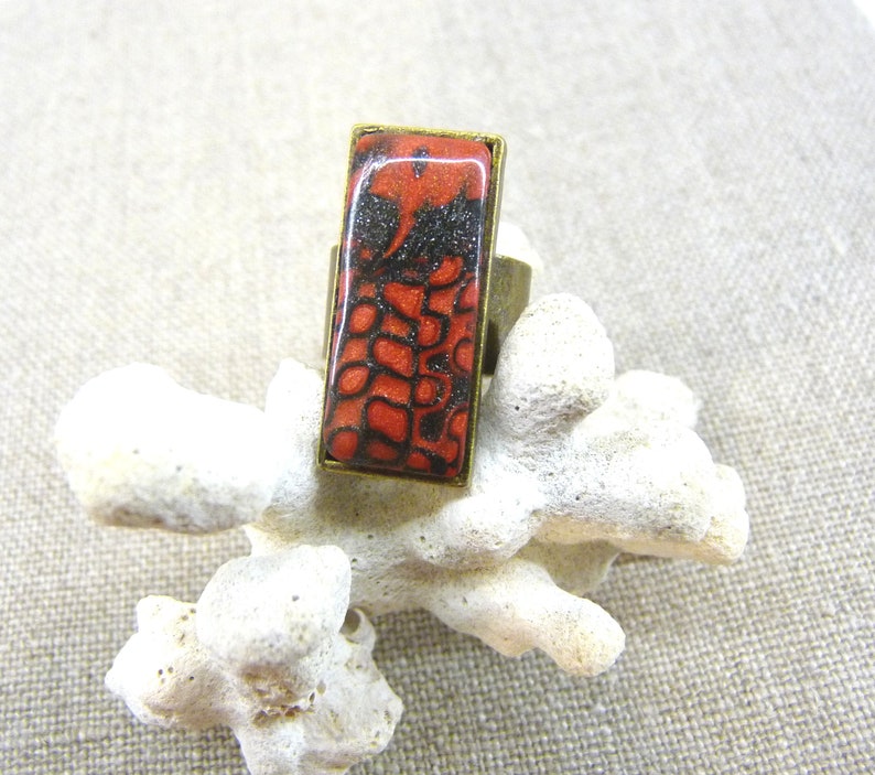 rectangle mokume gane dark metallic red Ring abstract pattern polymer