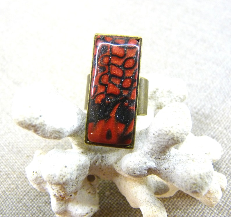 rectangle mokume gane dark metallic red Ring abstract pattern polymer