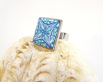 Bague, carrée, polymère, kaléidoscope, bleu vert blanc 2.