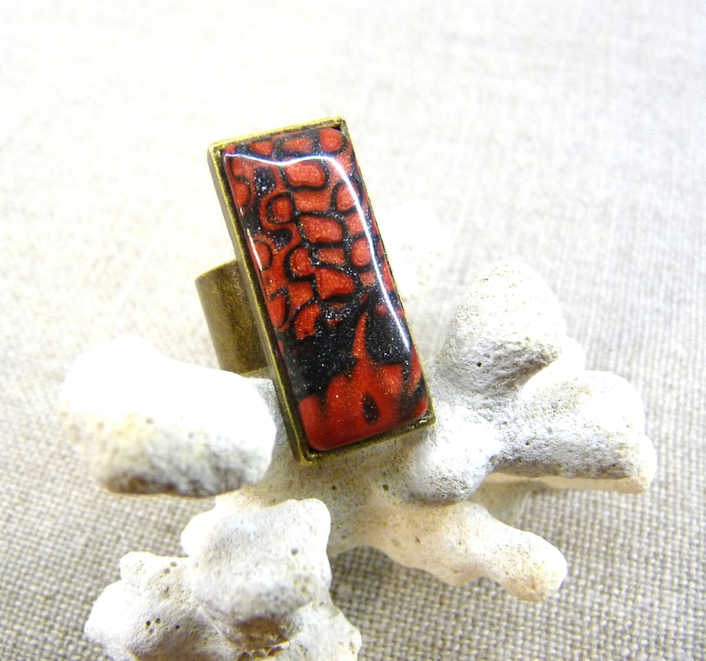 rectangle mokume gane dark metallic red Ring abstract pattern polymer