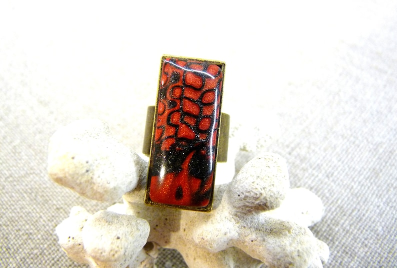 rectangle mokume gane dark metallic red Ring abstract pattern polymer