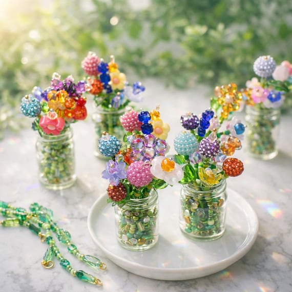 ✻Handmade✻BeadsFlower❁✻3本セット✧*°✻ Mystery Mini Beaded Flowers | Handmade Bead Flowers | Mini Vase or