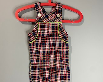 60s vintage plaid overalls neon green accent punk christmas toddler fashion 24 months jumper outfit