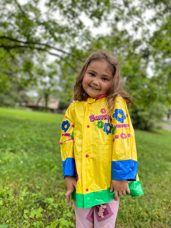 90s Vintage Barney Rain Jacket Yellow Floral Rain Coat 3T 1998