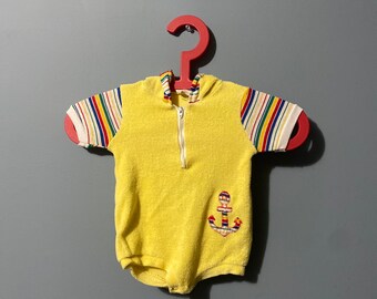 70s vintage terry cloth onesie nautical rainbow pale yellow unisex baby outfit 9 to 12 months kids VTG retro primary colors jumper