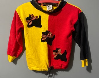 90s vintage color block sweatshirt rad plaid with Scottie dogs USA VTG kids retro Joggles small 6 red yellow black soft warm 90s full house