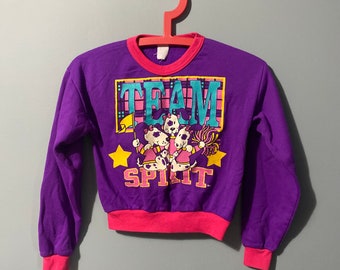 80s vintage purple with pink ringer sweatshirt super soft cheer team spirit Dalmatian dogs 6 small kids longsleeve VTG