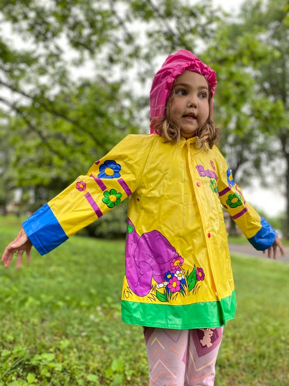 90s Vintage Barney Rain Jacket Yellow Floral Rain Coat 3T 1998