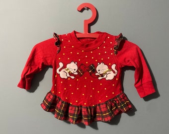 90s vintage kids long sleeve tee kitten cats graphic super soft red with classic plaid 2T cute little ruffle holiday toddler VTG retro girls