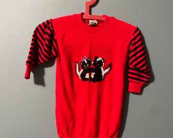 80s vintage red and black sweater tunic dress girls 4T kids VTG cute little skunks and stripe sleeves super soft long sleeve top