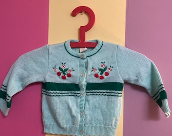 80s vintage cardigan mint green sweater baby toddler 2T cherries flowers stripes soft acrylic rockabilly pinup baby