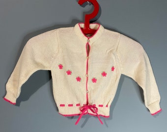 60s vintage cardigan off white with pink flowers super cute kids sweater 2T toddler VTG  Poinsettia soft warm classic acrylic
